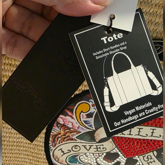 Ed Hardy Straw/Woven Tote Bag Rhinestones  Crossbody Strap Love Kills Slowly - Picture 4 of 14